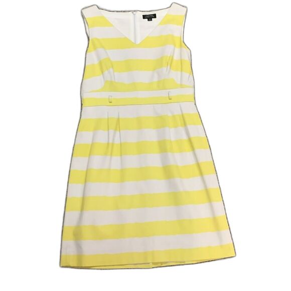 Tahari Yellow White Stripe Cotton Pique V-Neck Sleeveless Knee Length Dress 10 - Picture 1 of 12